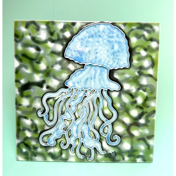 Handmade Other - Handmade Blue Jellyfish Ceramic Art Pottery Tile Signed Gerri Easel Back or Wall